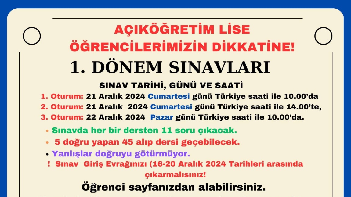 1.DÖNEM SINAV TARİHLERİ