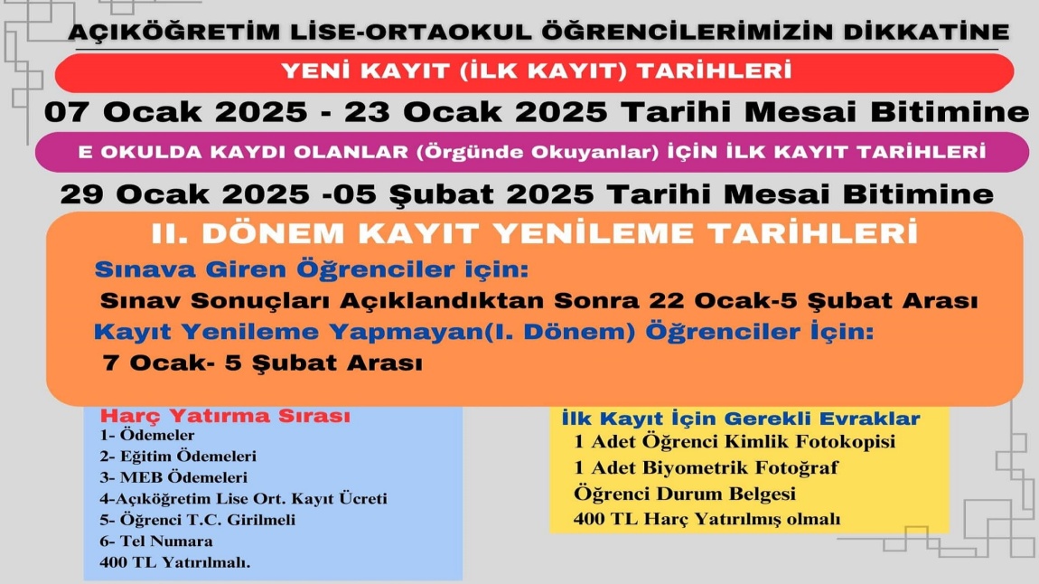 AÇIK LİSE/ORTAOKUL ÖĞRENCİLERİNİN DİKKATİNE